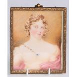 English School, early 19th century, a portrait miniature on ivory, young lady with hair in ringlets,