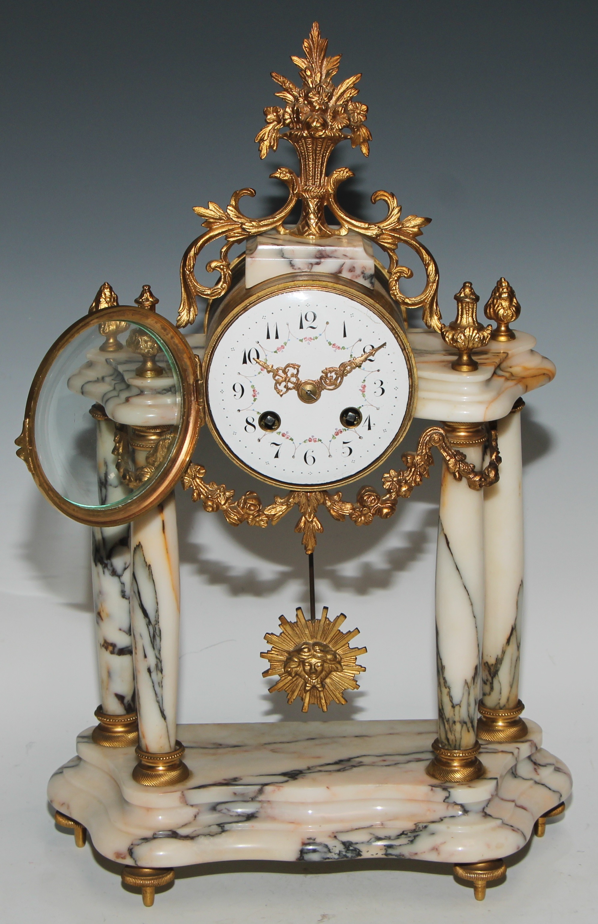 A late 19th century French gilt metal mounted marble portico clock garniture, 8.5cm convex enamel - Image 3 of 15