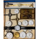 Horology - a collection of loose pocket watch dials; clock keys; Tavistock & Jones wristwatch etc (