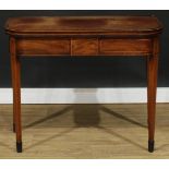 A Regency rosewood crossbanded mahogany tea table, hinged top, tapered legs, outlined throughout