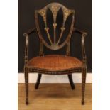 A Hepplewhite Revival painted and ebonised open armchair, cane seat, tapered square forelegs,