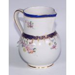 A Derby ovoid jug, painted with colourful summer flowers, ribbed band above blue and gilt borders,