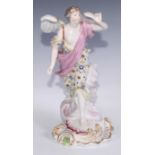 A large Derby patch mark figure, Fame, no.302, scroll base, picked out in polychrome enamels, 31cm