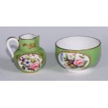 A Sampson Hancock Derby miniature jug and bowl, each painted with colourful summer flowers on an