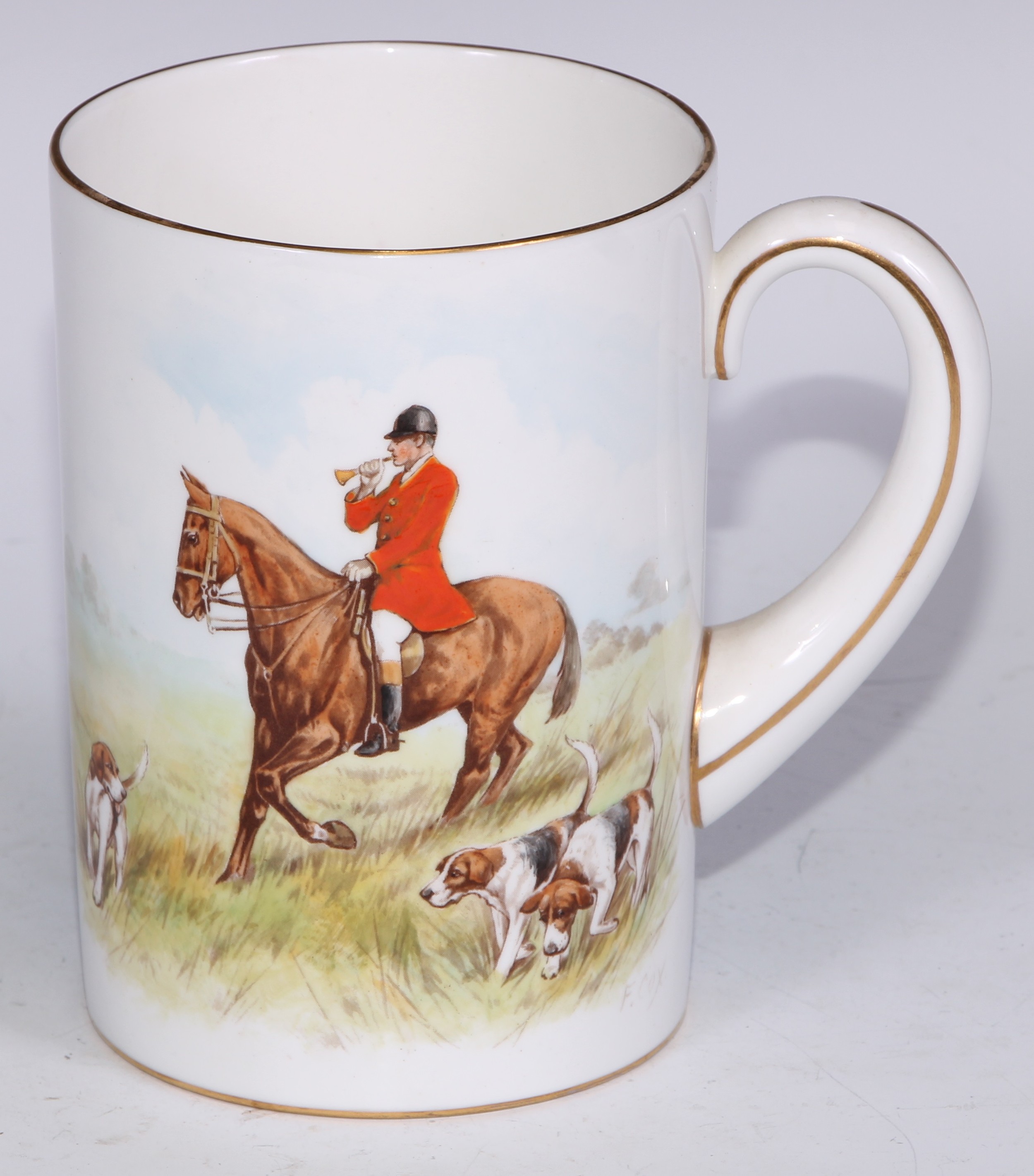 A Royal Crown Derby cylindrical mug, printed and painted by F Cox, with a hunting scene, to verso - Bild 24 aus 42