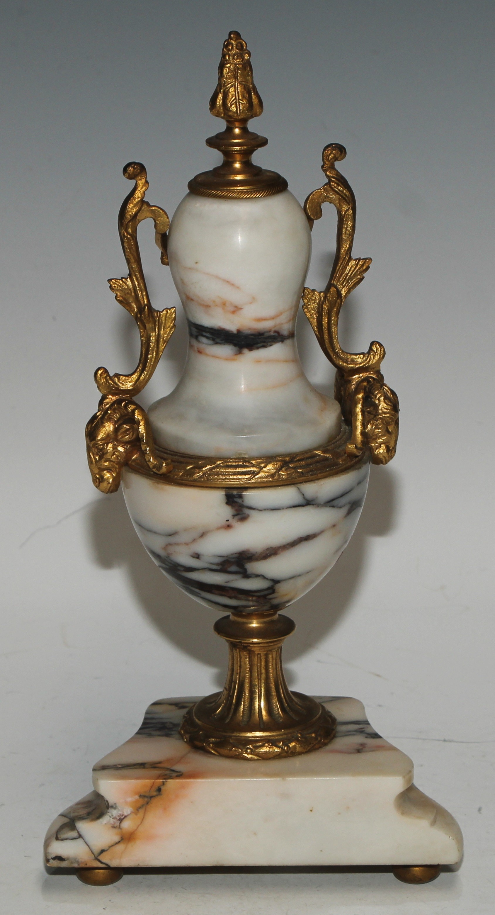 A late 19th century French gilt metal mounted marble portico clock garniture, 8.5cm convex enamel - Image 11 of 15