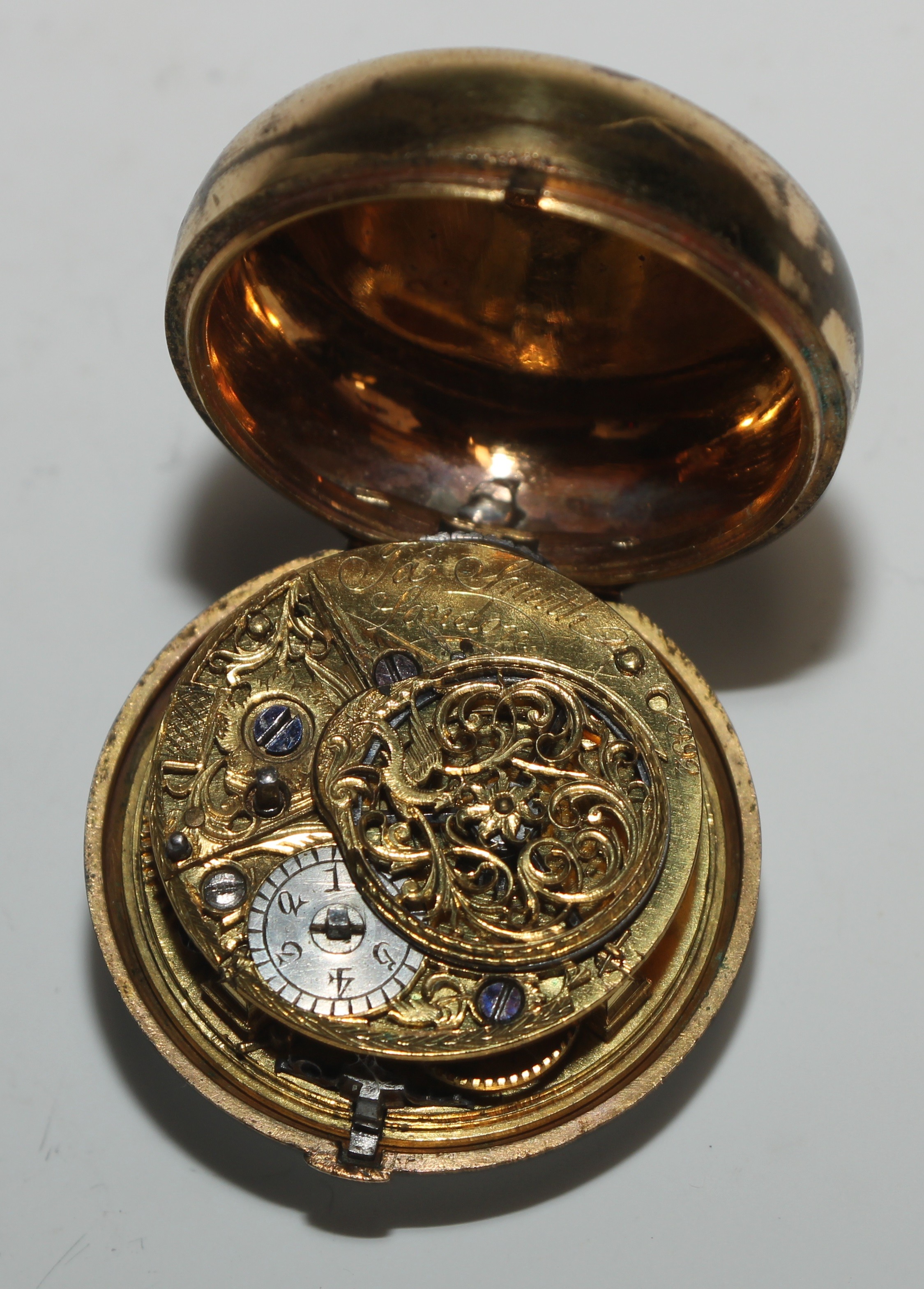 A George III painted tortoiseshell pair cased pocket watch, by James Smith, London, 3.5cm enamel - Image 7 of 7