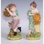 A pair of Derby figures, allegorical of summer and autumn, she stands 25cm high, pseudo-Meissen