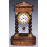 A 19th century French rosewood and marquetry portico clock, 8cm circular enamel dial inscribed