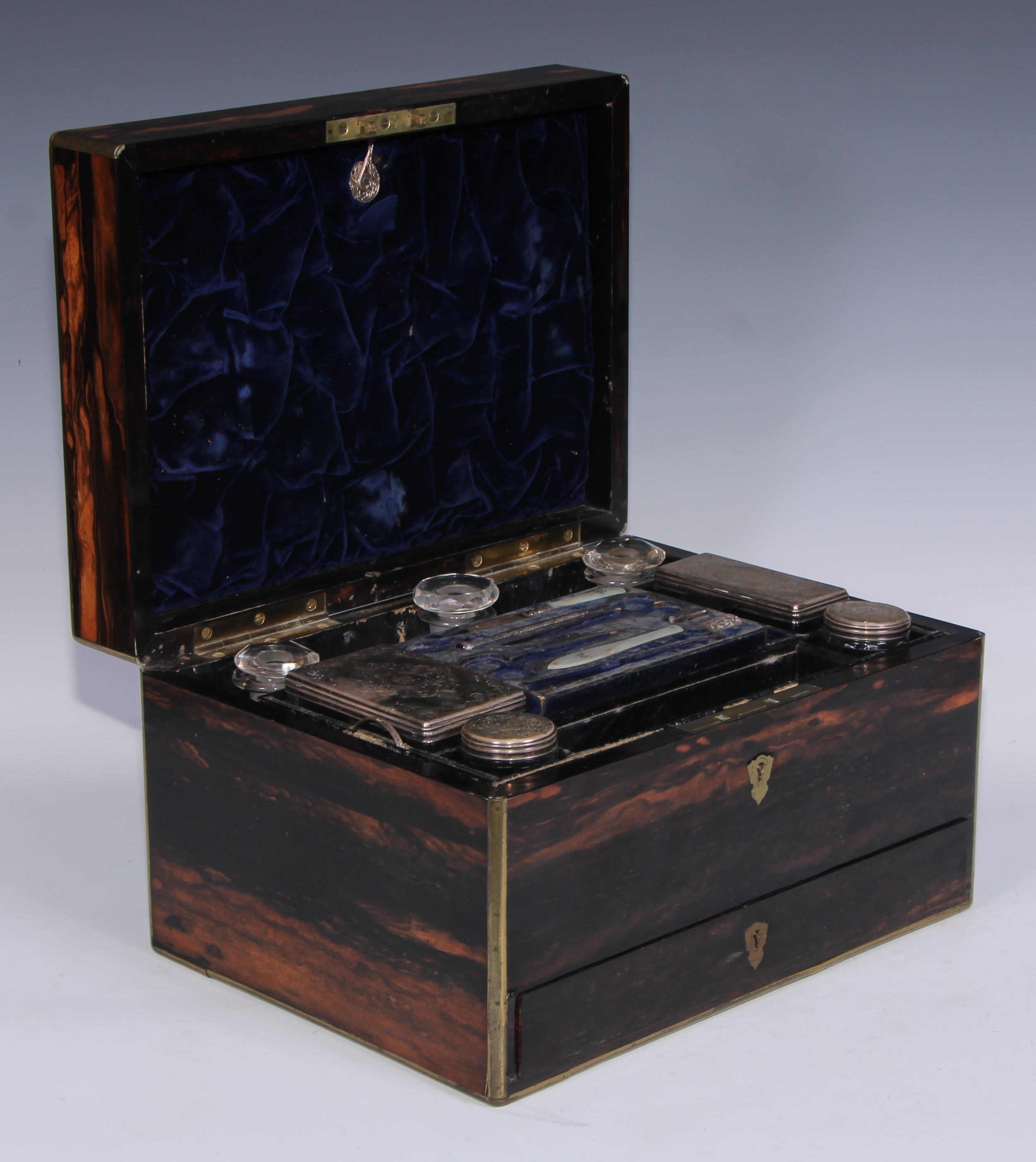 A Victorian brass bound coromandel rectangular dressing box, hinged cover enclosing an arrangement - Image 3 of 6