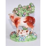 A Derby model, of a cow and her calf, beside a tree, 12.5cm high, c.1815