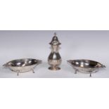 A pair of Edwardian silver oval sweetmeat dishes, ribbon lug handles, hoof feet, 20cm wide,