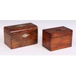 A Victorian walnut domed rectangular tea caddy, hinged cover inlaid with a reserve of mother of