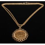 A South Africa Krugerrand, 1974, 18ct gold mount and chain, 63g