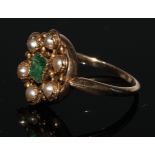 A George III emerald and seed pearl ring, central old square cushion cut emerald, approx 0.50ct,