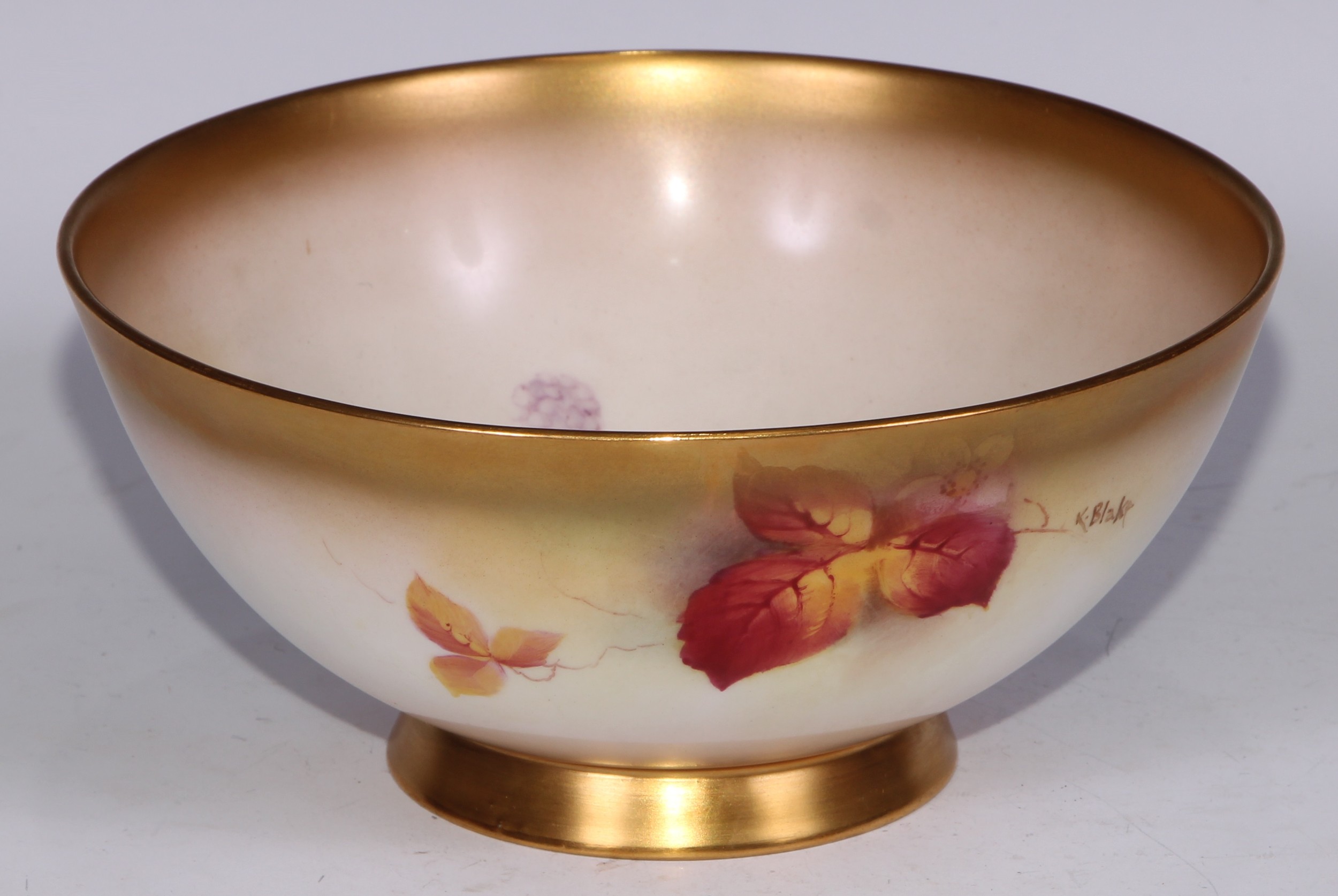 A Royal Worcester bowl, painted by Kitty Blake, signed, with blackberries, leaves and blossom, - Image 3 of 6