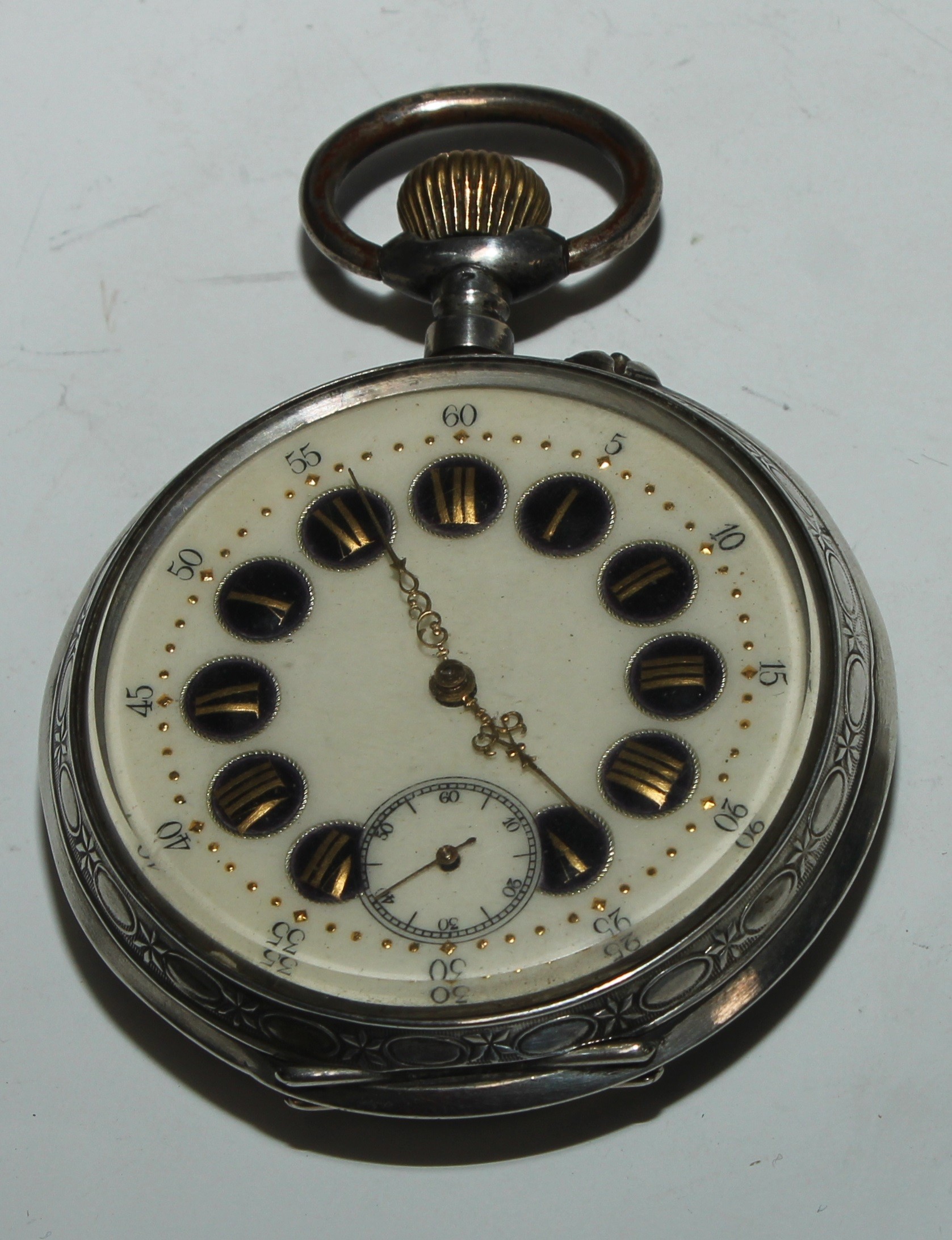 A large Continental silver open faced pocket watch, 5.5cm enamel dial inscribed in gilt upon - Image 2 of 6