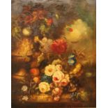 Dutch School (late18th/early 19th century) Still Life, Summer Flowers and Fruit, on a ledge oil on