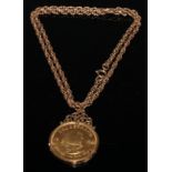 A South Africa Krugerrand, 1974, 9ct gold mount and chain, 59.6g