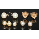Earrings - a pair of cultured pearl oval drop earrings, 9ct gold pillars; others studs, part stamped