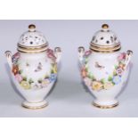 A pair of Sampson Hancock Derby pot pourri vases and covers, sparsely painted with butterflies and