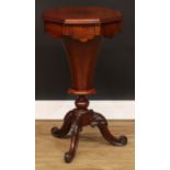 A Victorian trumpet shaped work table, hinged cover, cabriole legs carved to the knees with