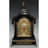 A 19th century gilt metal mounted ebonised musical repeater bracket clock, 16cm arched brass dial,