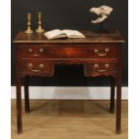 A George III oak lowboy, rectangular top above three drawers, shaped apron, internally chamfered