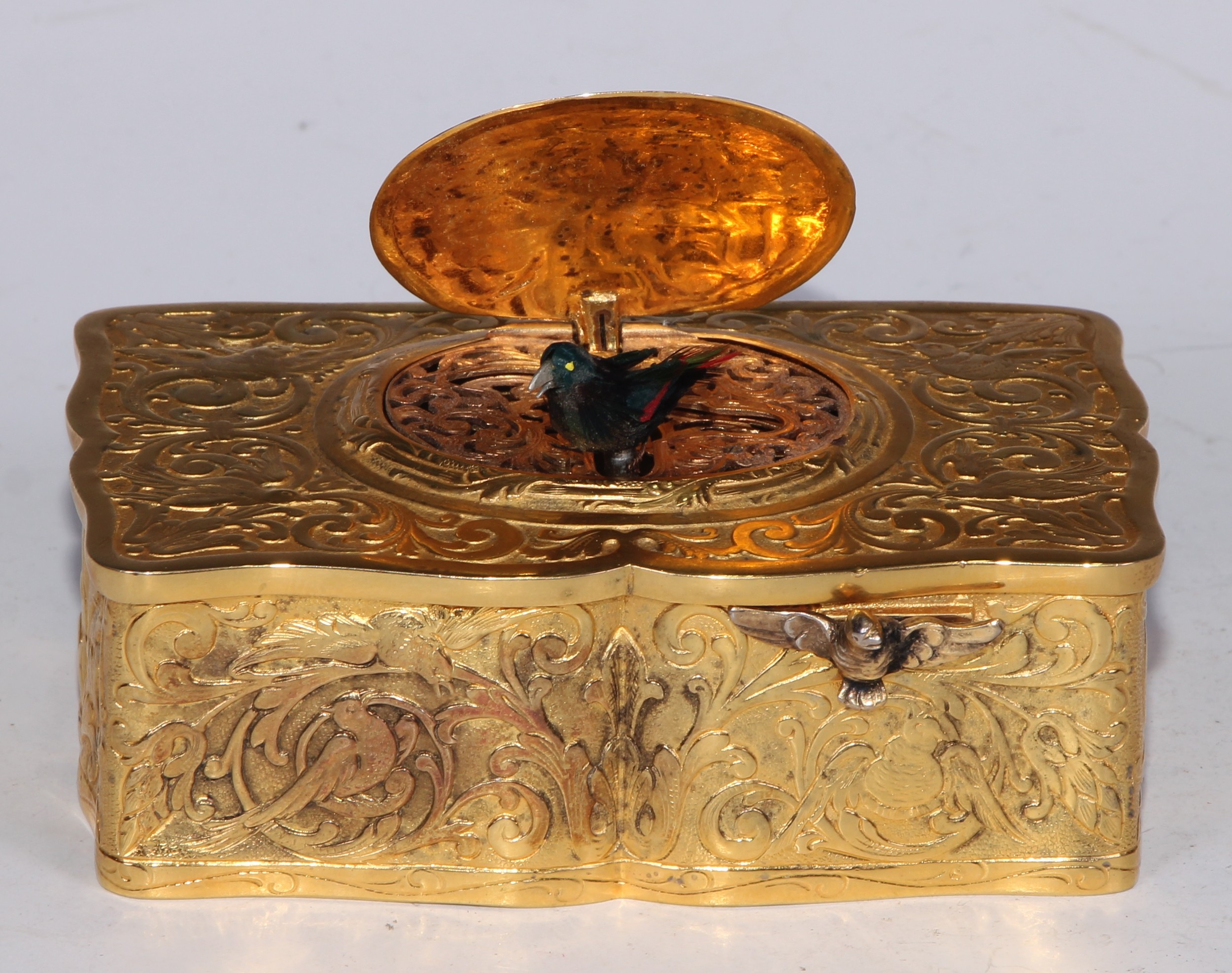 An early 20th silver-gilt singing bird automaton box, Swiss or German, possibly by Karl Griesbaum,