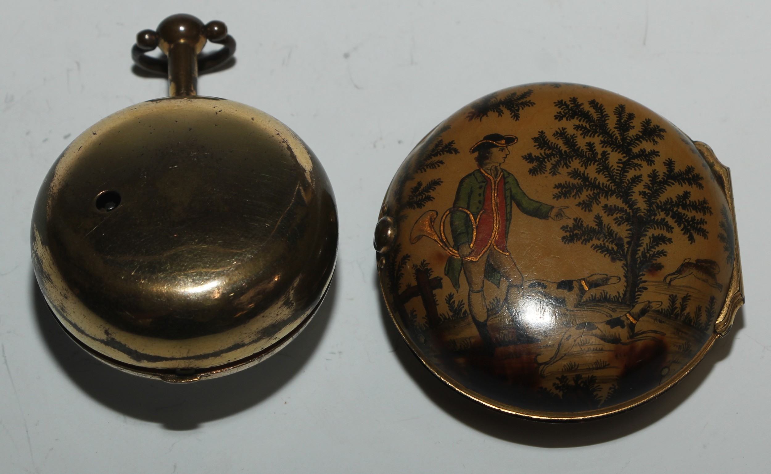 A George III painted tortoiseshell pair cased pocket watch, by James Smith, London, 3.5cm enamel - Image 4 of 7