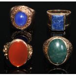 A gentleman's 9ct gold seal ring, rectangular lapis lazuli tablet; another 9ct gold, the shoulders