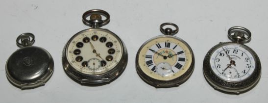 A large Continental silver open faced pocket watch, 5.5cm enamel dial inscribed in gilt upon