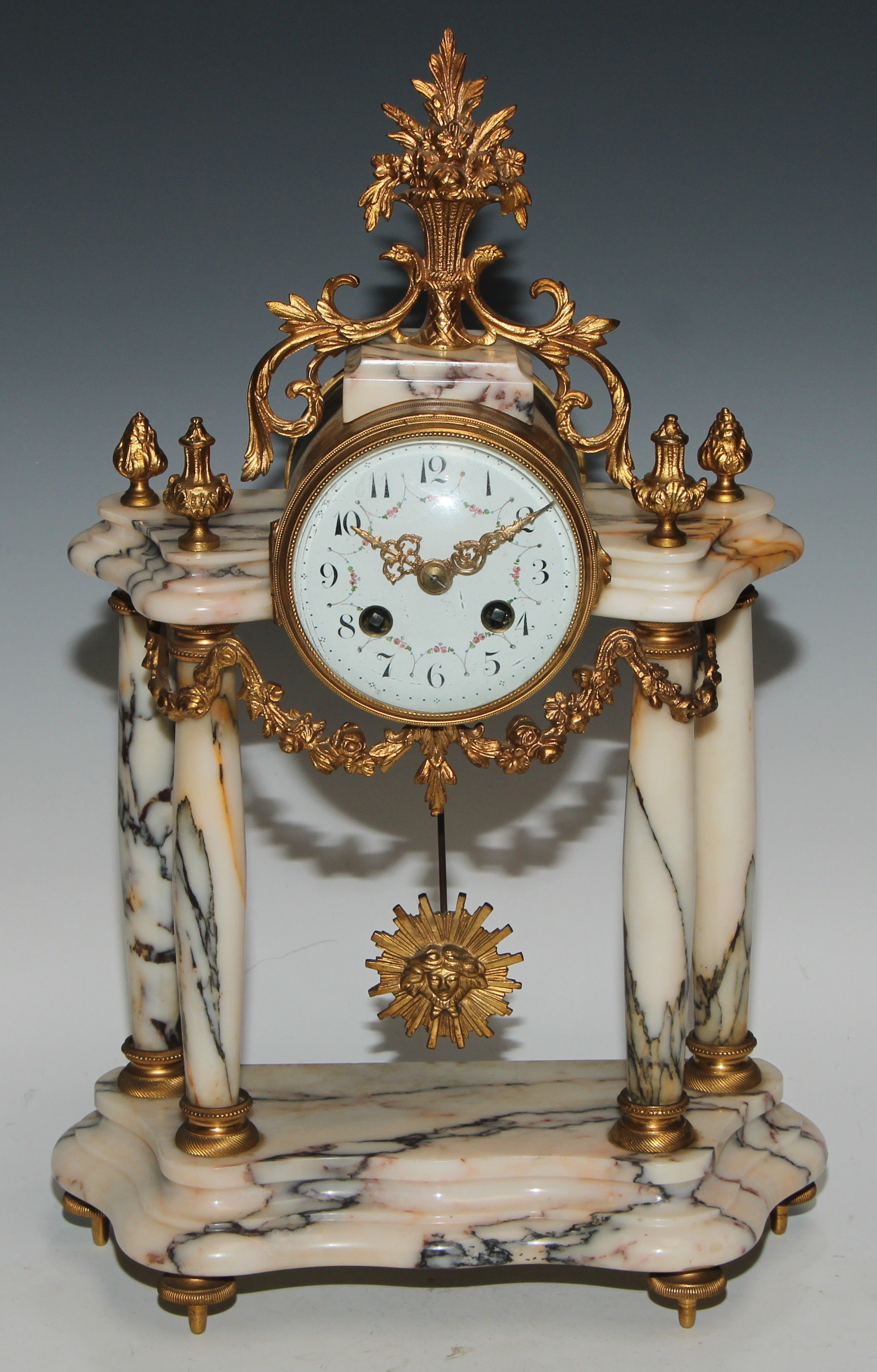 A late 19th century French gilt metal mounted marble portico clock garniture, 8.5cm convex enamel - Image 2 of 15