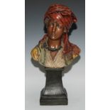 A Goldscheider Art Nouveau terracotta bust, of a young girl in Eastern dress, spreading square