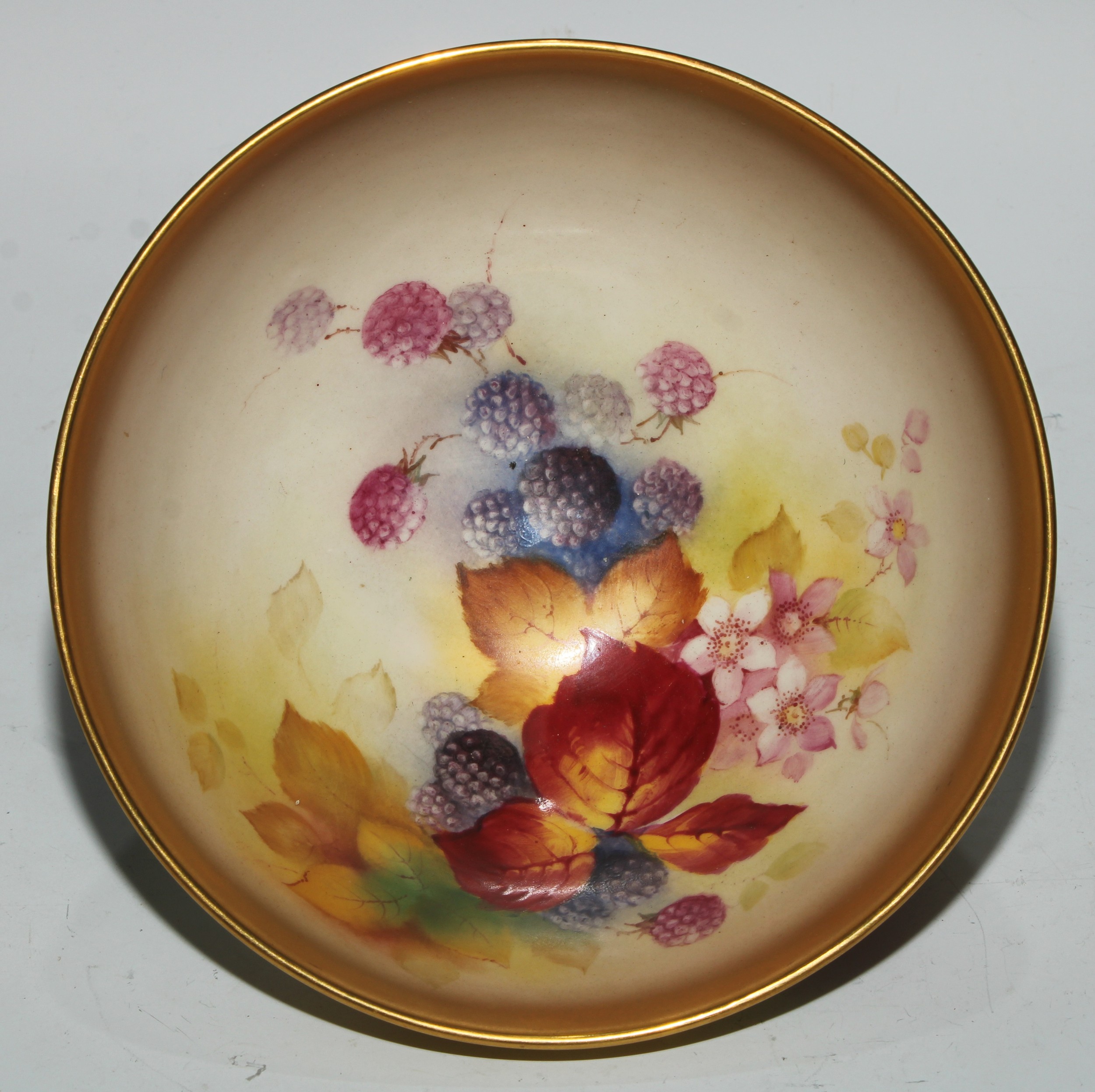 A Royal Worcester bowl, painted by Kitty Blake, signed, with blackberries, leaves and blossom, - Image 4 of 6