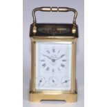 A French gilt brass repeater calendar carriage clock, by L'Epee, 6.5cm rectangular enamel dial