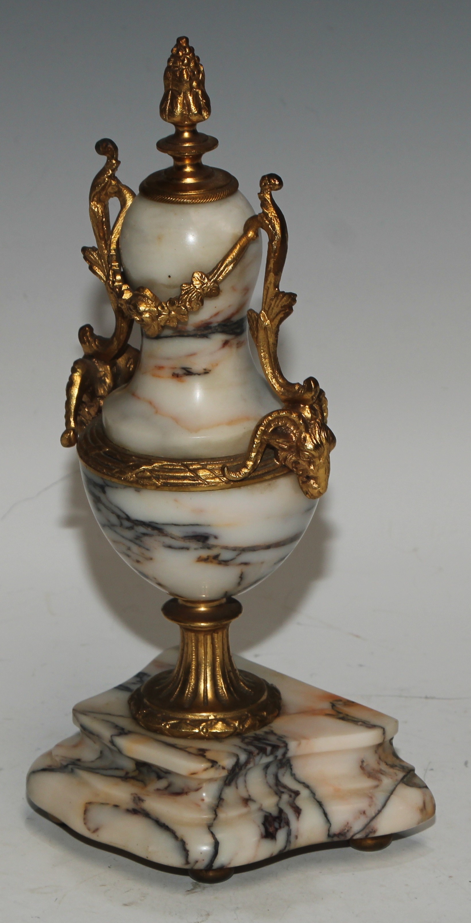 A late 19th century French gilt metal mounted marble portico clock garniture, 8.5cm convex enamel - Image 10 of 15