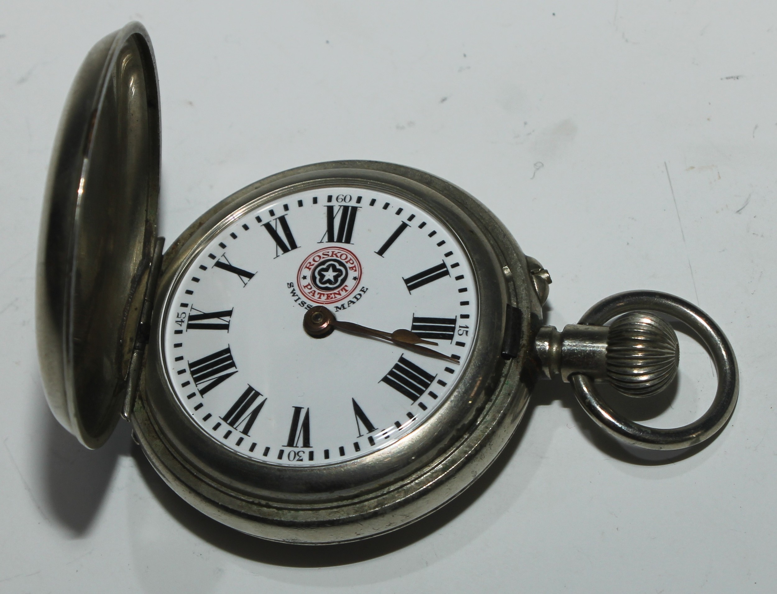 A large Continental silver open faced pocket watch, 5.5cm enamel dial inscribed in gilt upon - Image 6 of 6