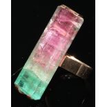 A watermelon tourmaline dress ring, large V bar panel top, with strong colour change, 35mm x 12mm