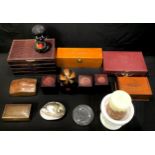 A faux leather jewellery box; candleholders; leather and otehr boxes