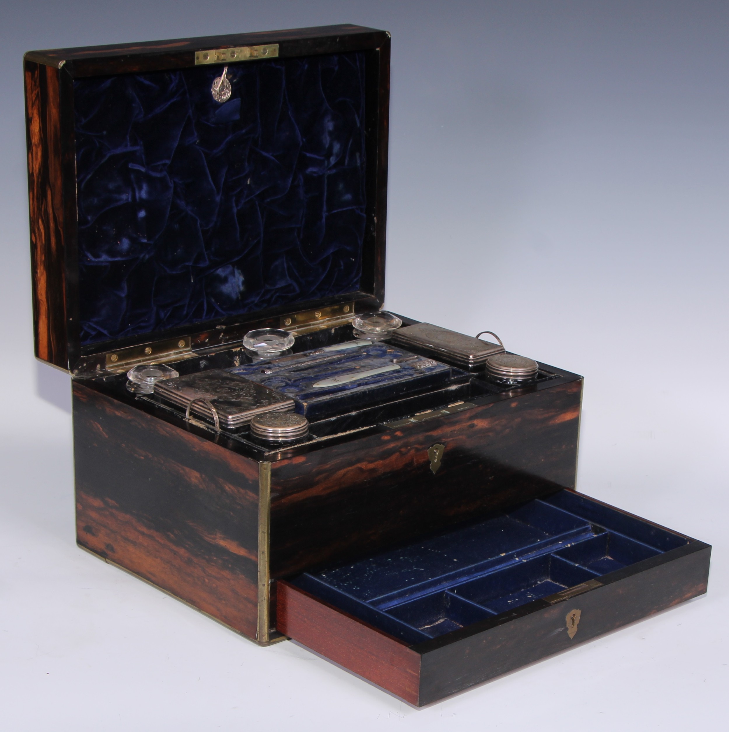 A Victorian brass bound coromandel rectangular dressing box, hinged cover enclosing an arrangement - Image 5 of 6