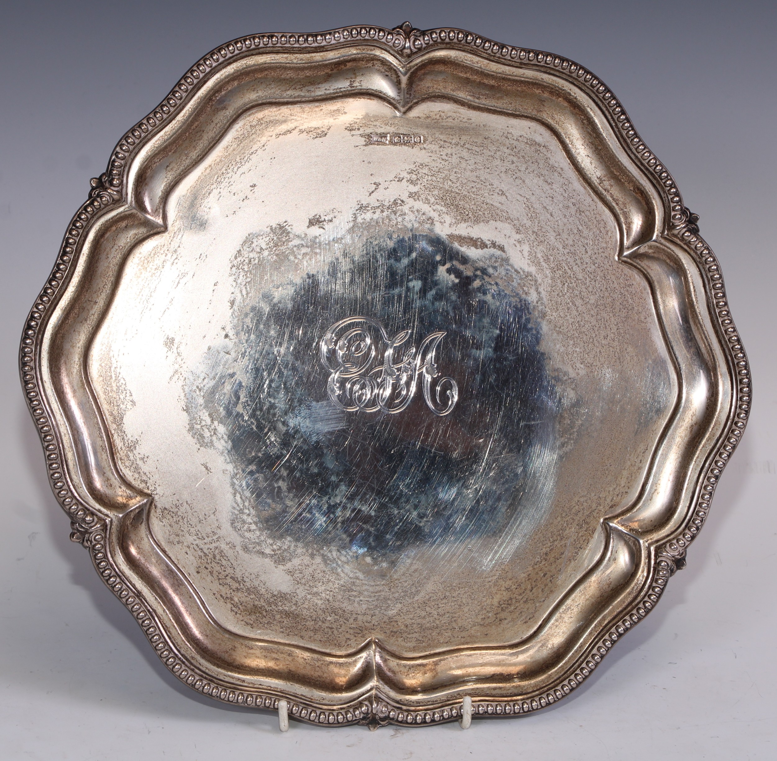 A George V silver shaped circular salver, fluted beaded border, ball and claw feet, 32cm diam, - Image 2 of 2