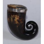 A 19th century Scottish silver coloured metal mounted snuff mull, hinged cover applied with a