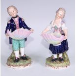 A pair of Sampson Hancock Derby figural salts, in the 18th century taste, 17.5cm high, underglaze