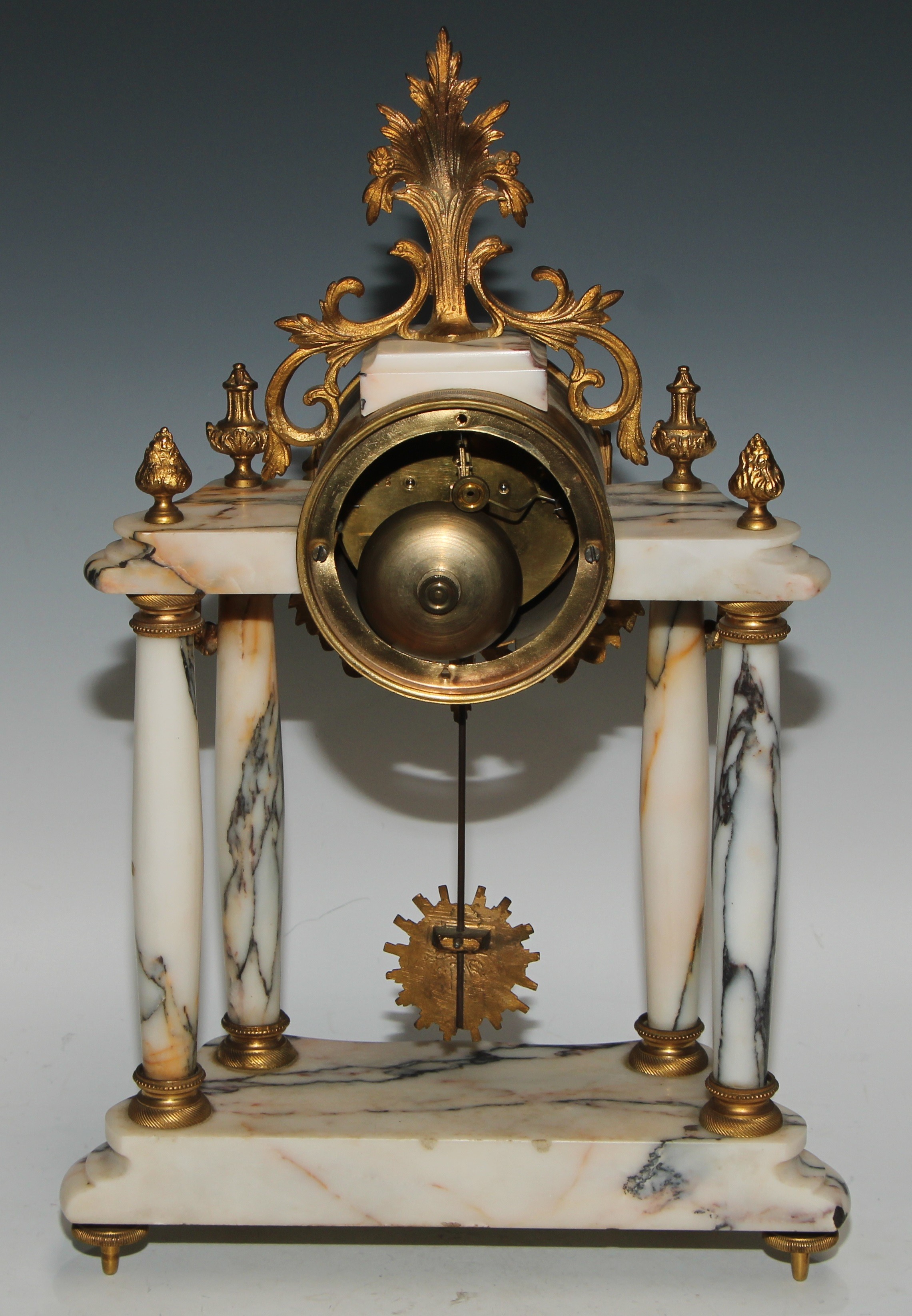 A late 19th century French gilt metal mounted marble portico clock garniture, 8.5cm convex enamel - Image 7 of 15