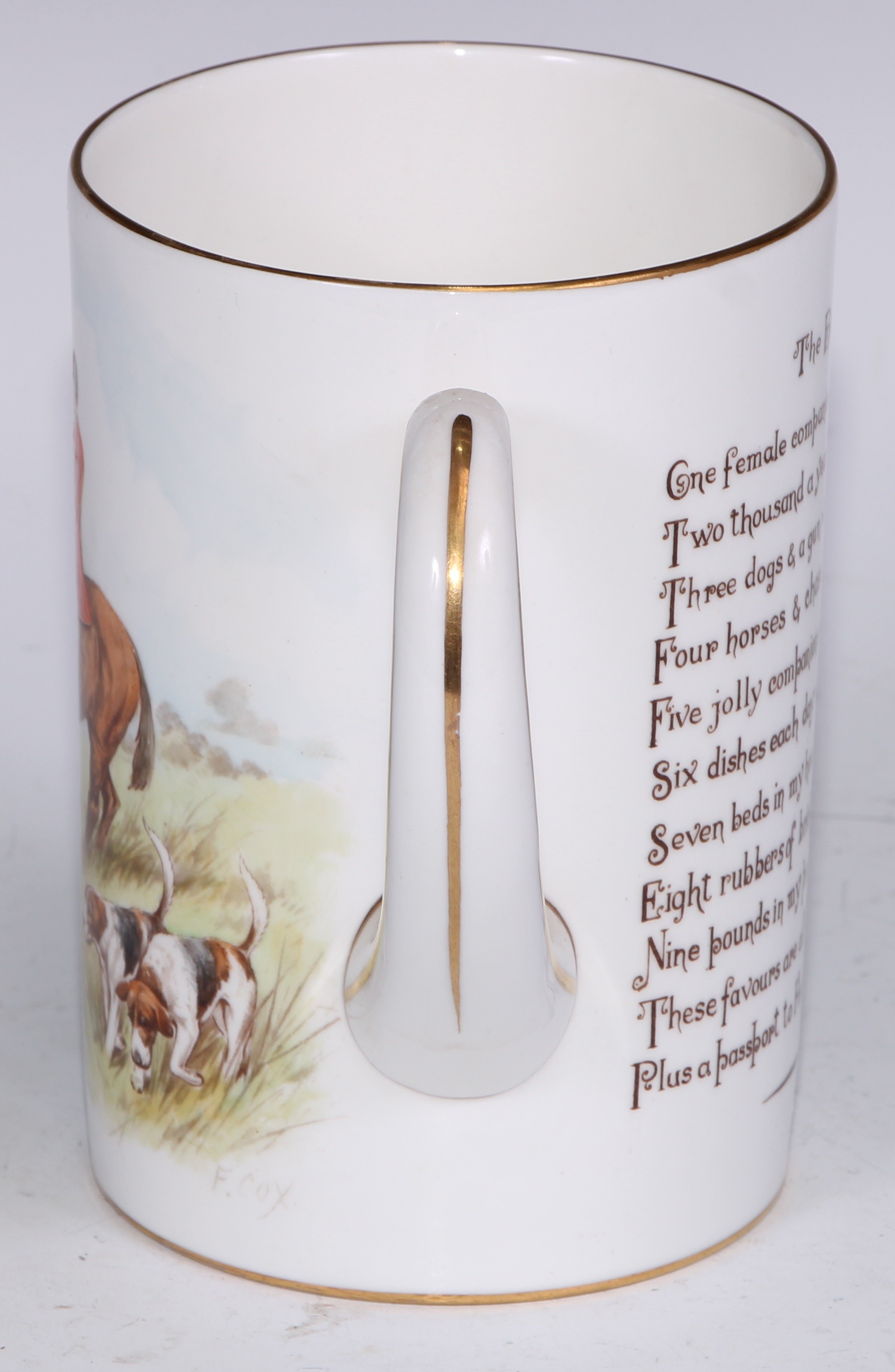 A Royal Crown Derby cylindrical mug, printed and painted by F Cox, with a hunting scene, to verso - Bild 27 aus 42