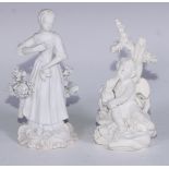 A Derby biscuit porcelain model, of a putto and a dog, no.213, rocky outcrop base, 11.5cm high, c.
