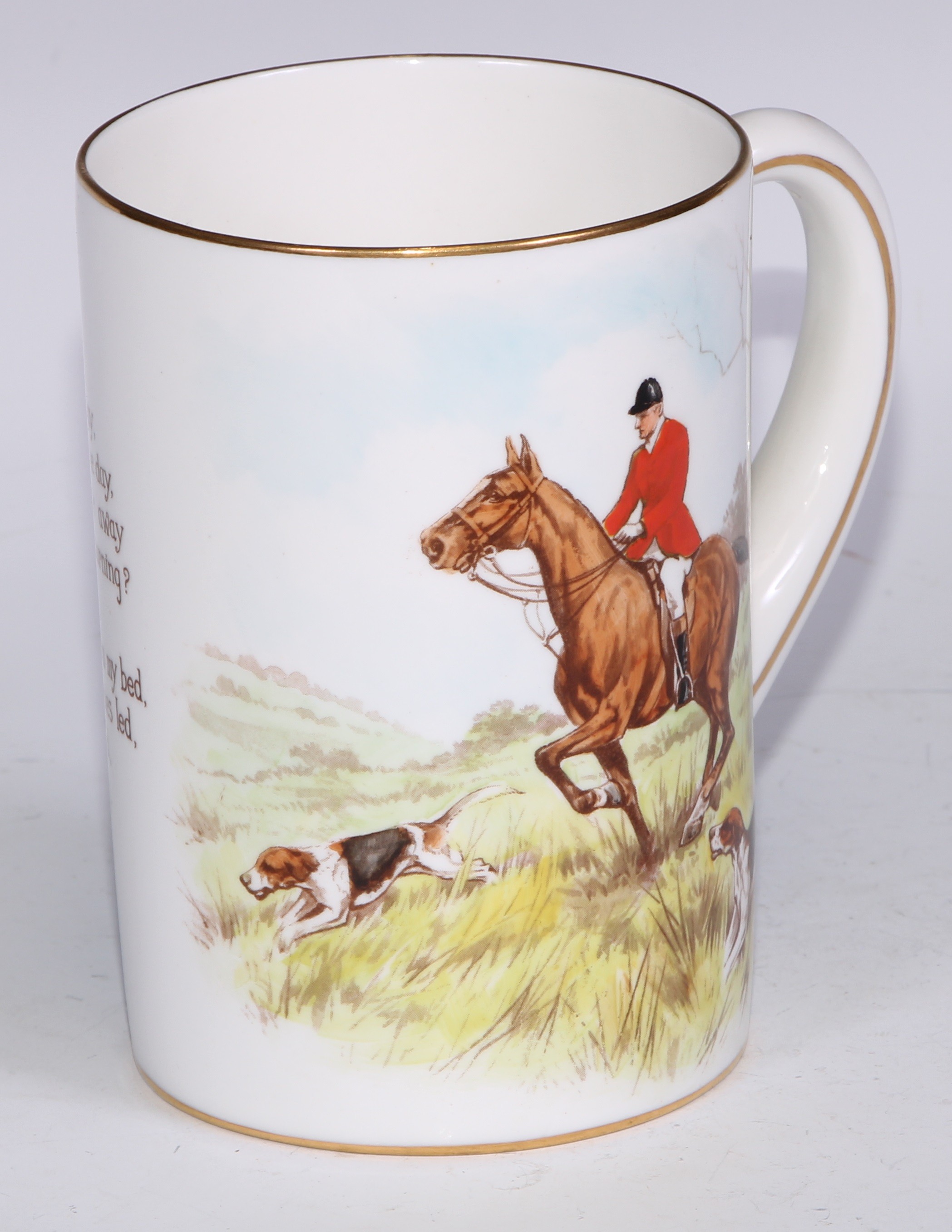 A Royal Crown Derby cylindrical mug, printed and painted by F Cox, with a hunting scene, to verso - Bild 9 aus 42