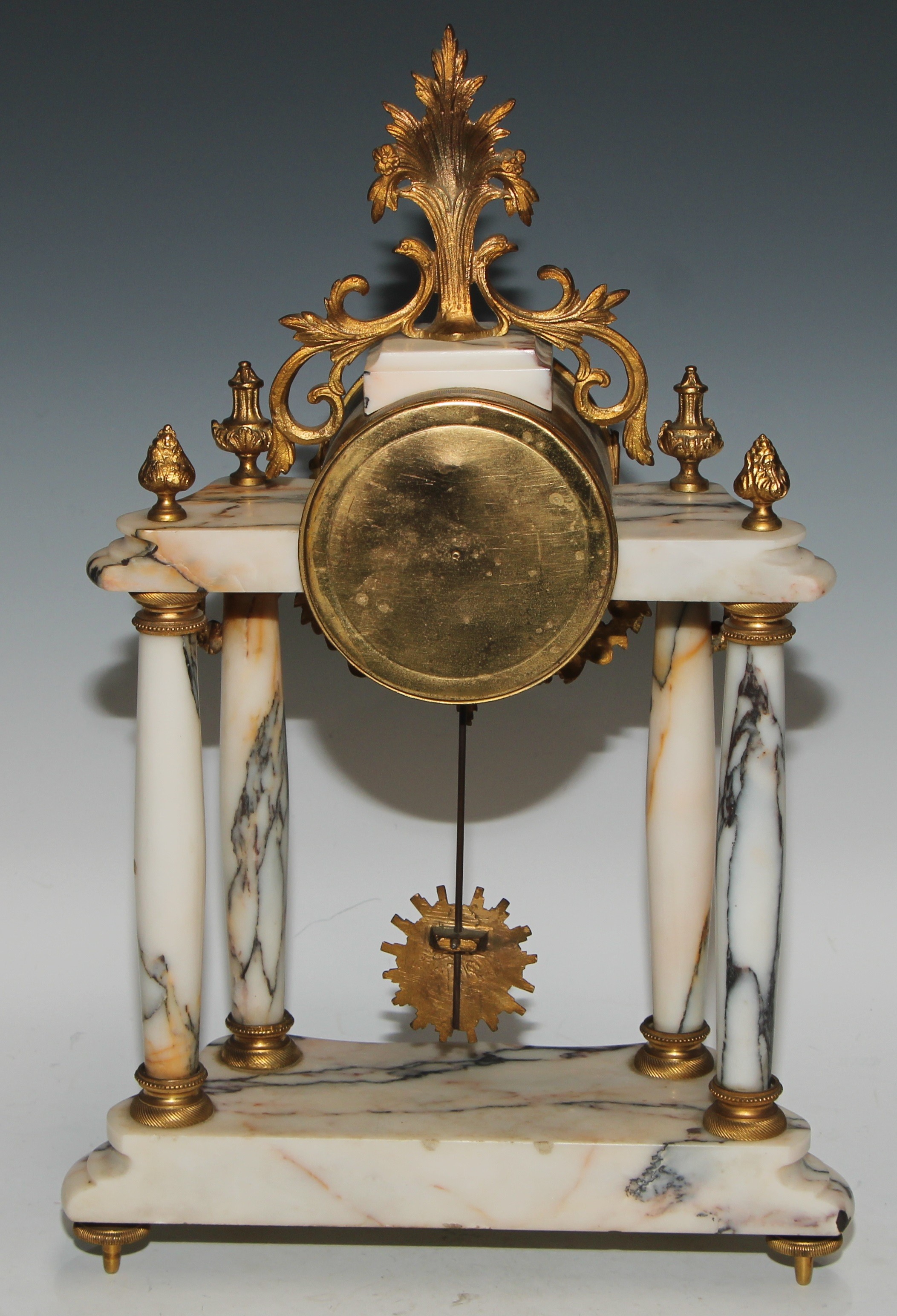 A late 19th century French gilt metal mounted marble portico clock garniture, 8.5cm convex enamel - Image 6 of 15