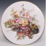 A Derby Crown Porcelain circular charger, painted by R Bier, with flowers and ripe fruit, printed